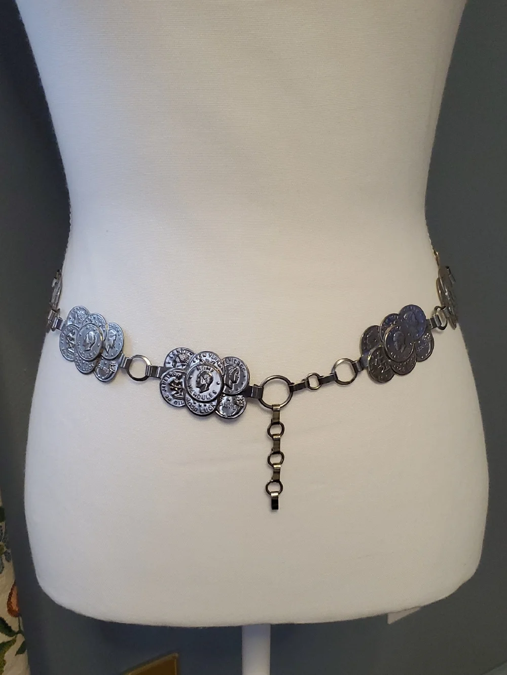 Silver-Tone Metal Coin Charm Chain Belt.